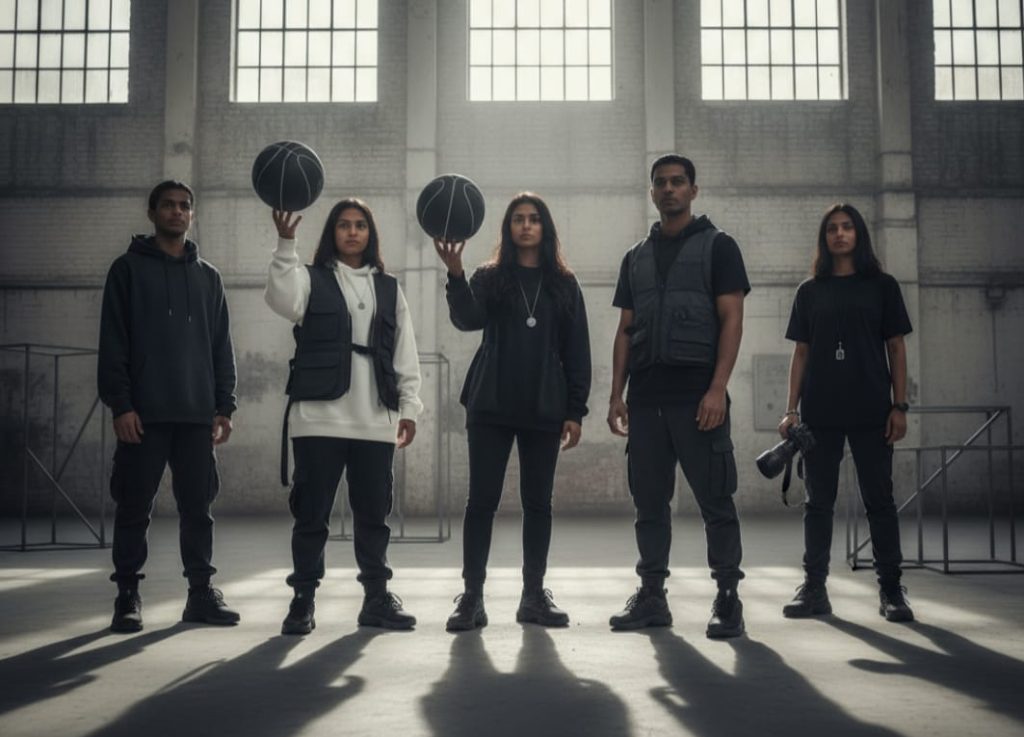 Minimal streetwear community India - Premium Tribe Group of young creatives in monochrome minimal streetwear, cinematic warehouse setting, premium streetwear India